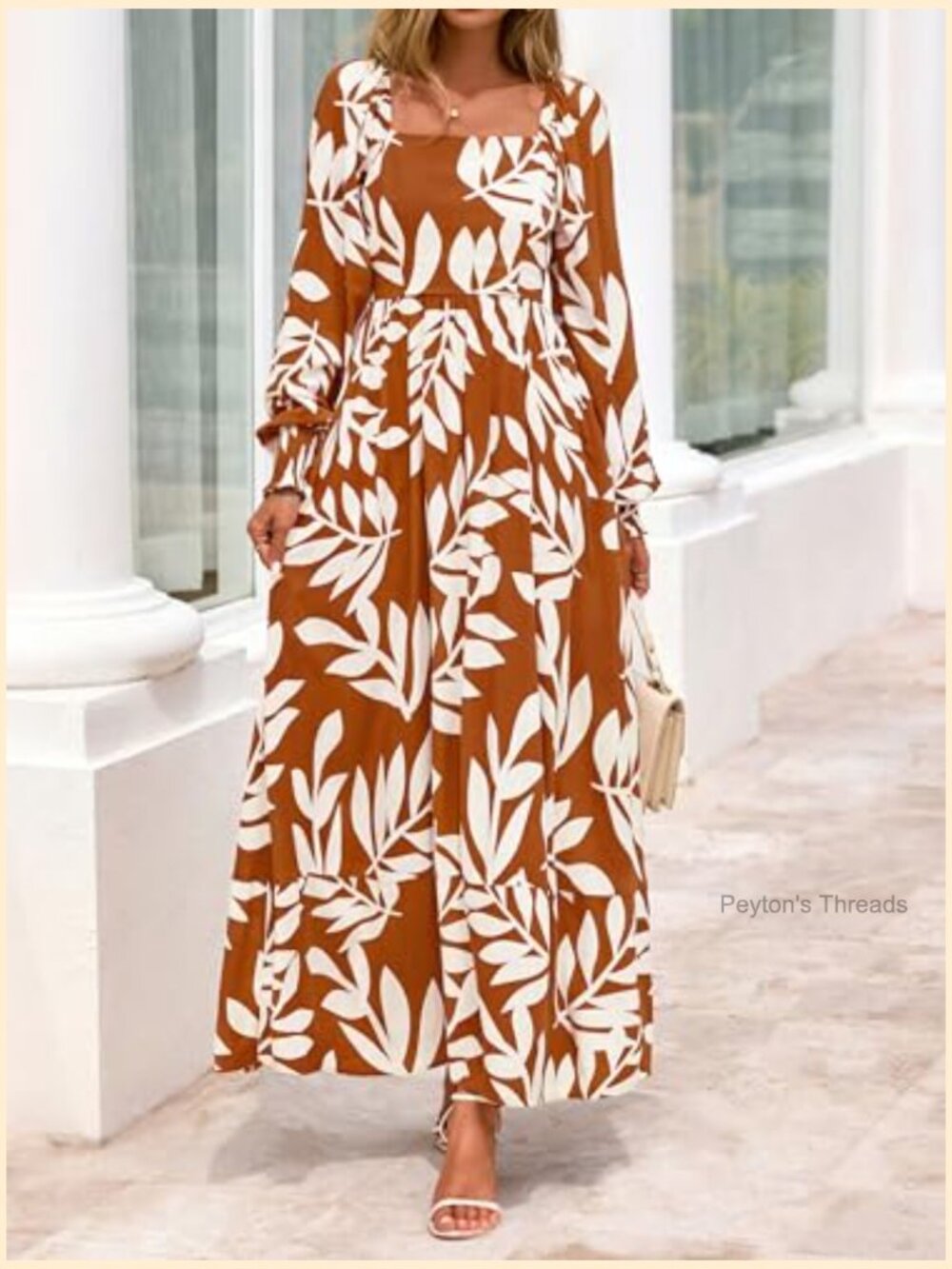 Square Neck Puff Sleeve Boho Maxi Dress with Pockets - Picture 4 of 7